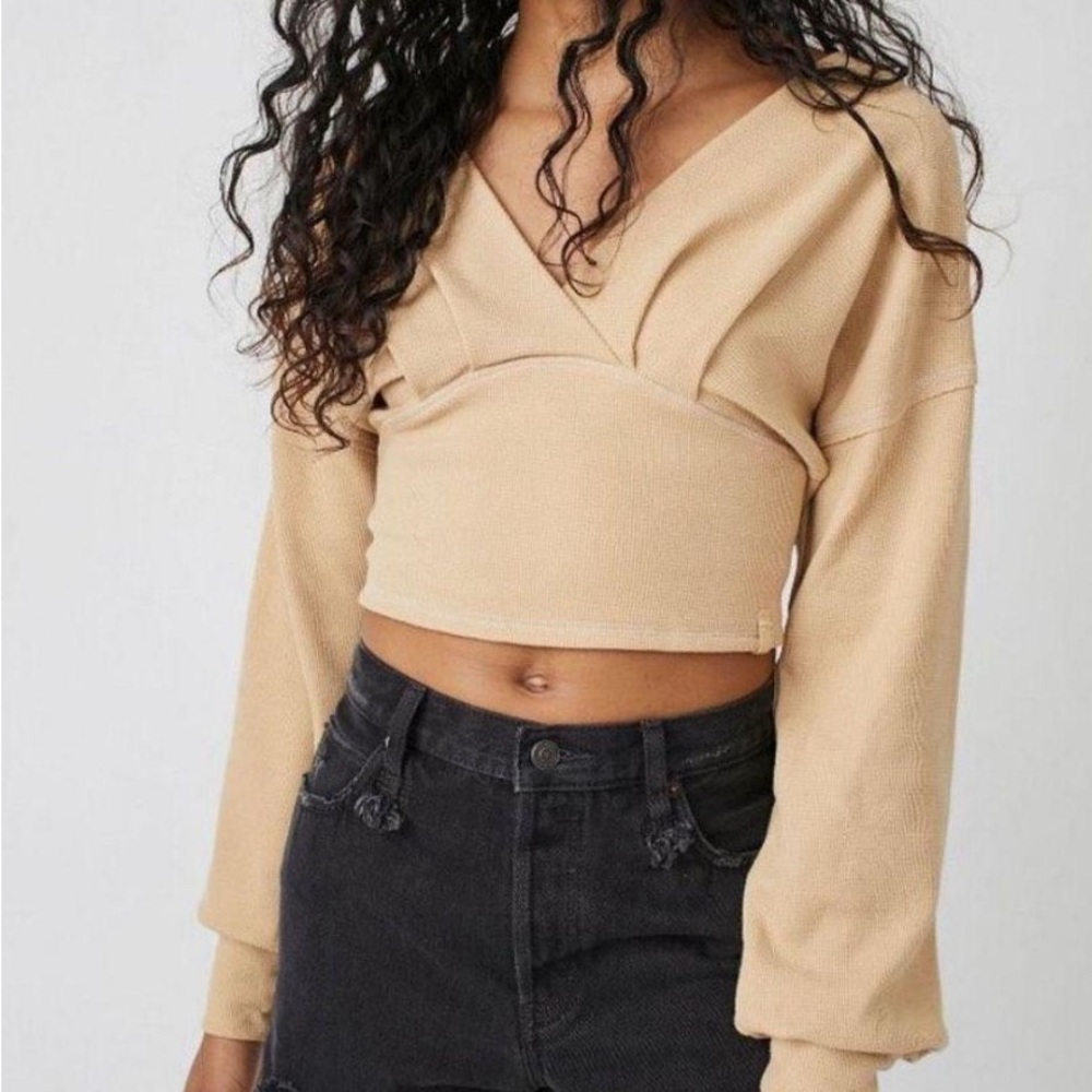 Free People We the Free All Nighter Long Sleeve Surplice Crop Top - Small